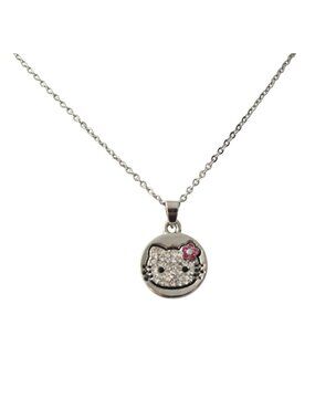 Sanrio Hello Kitty Rhinestone Pendant Necklace Silver Chain Pink Flower Charm